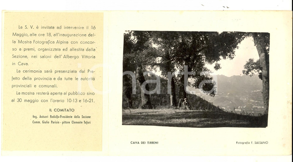 Documento originale, autentico 1950 ca CAI CAVA DEI TIRRENI Invito inaugurazione Mostra Fotografica Alpina 1
