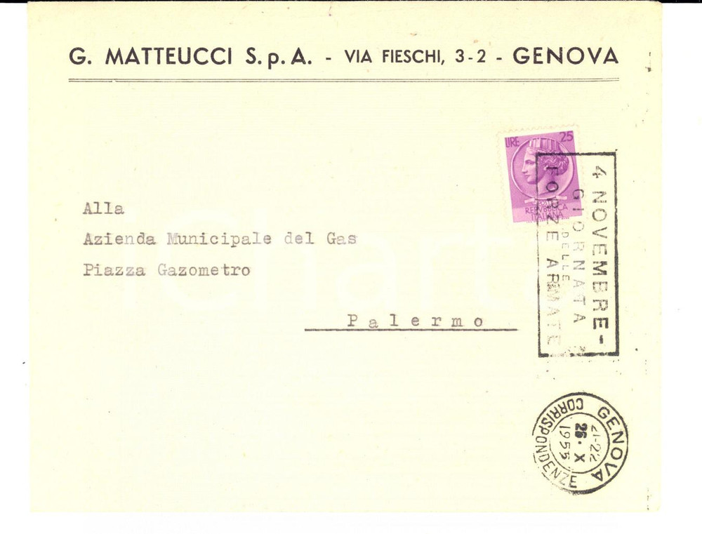 Manoscritto, lettera originale 1955 STORIA POSTALE GENOVA Ditta G. MATTEUCCI  Busta con timbro 4 NOVEMBRE 1