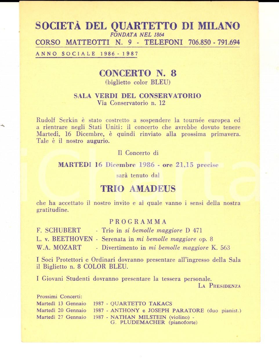 Materiale pubblicitario d’epoca 1986 MILANO SocietÃ  del Quartetto  Programma concerto TRIO AMADEUS Cartolina 1