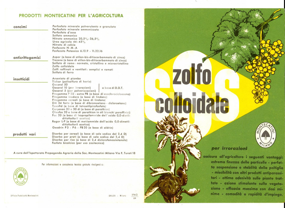 Materiale pubblicitario d’epoca 1964 MILANO Ditta MONTECATINI  Zolfo colloidale per irrigazioni Pubblicitario 1