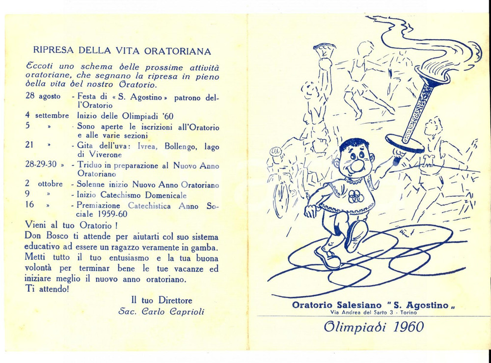Materiale pubblicitario d’epoca 1960 TORINO Oratorio Salesiano S. AGOSTINO  Programma Olimpiadi Pieghevole 1
