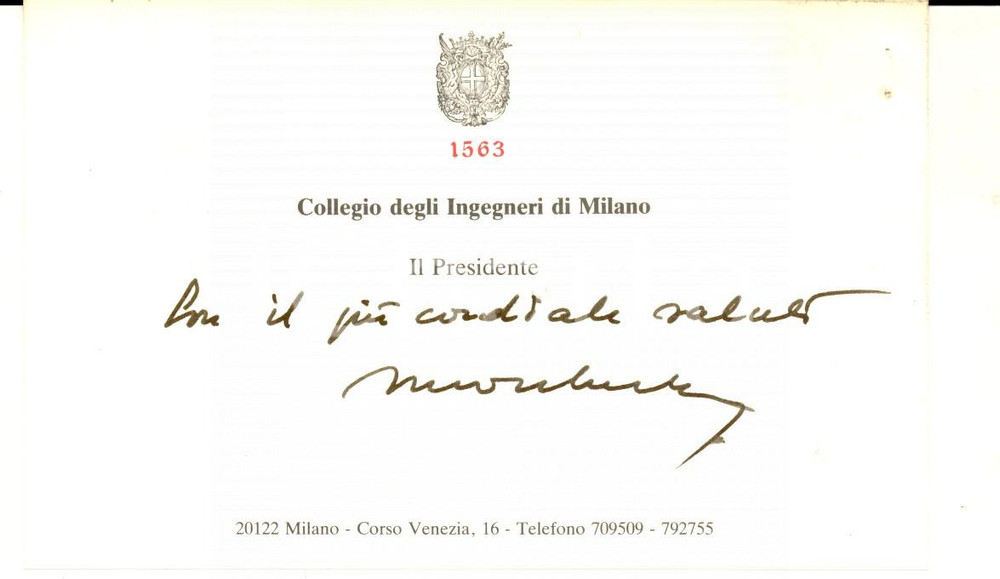 Oggetto da collezione cartaceo 1970 ca MILANO Collegio degli Ingegneri  Biglietto augurale del presidente 1