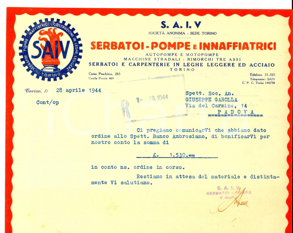 Documento originale, autentico 1944 TORINO Ditta S.A.I.V. Serbatoi e pompe  Lettera commerciale per saldo 1