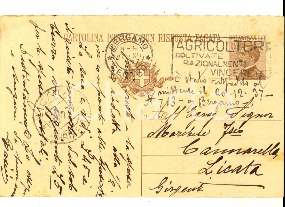 Cartolina originale da collezione 1927 BERGAMO Spedizione ditta PASINI al marchese Francesco CANNARELLA Cartolina 1