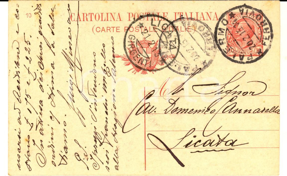 Cartolina originale da collezione 1913 PALERMO Ordine di scaldabagno per  il cav. Domenico CANNARELLA Cartolina 1