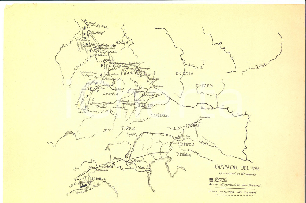 Mappa, planimetria storica 1930 ca ARTE MILITARE Campagna del 1796  Operazioni in Germania Mappa 32x21 1