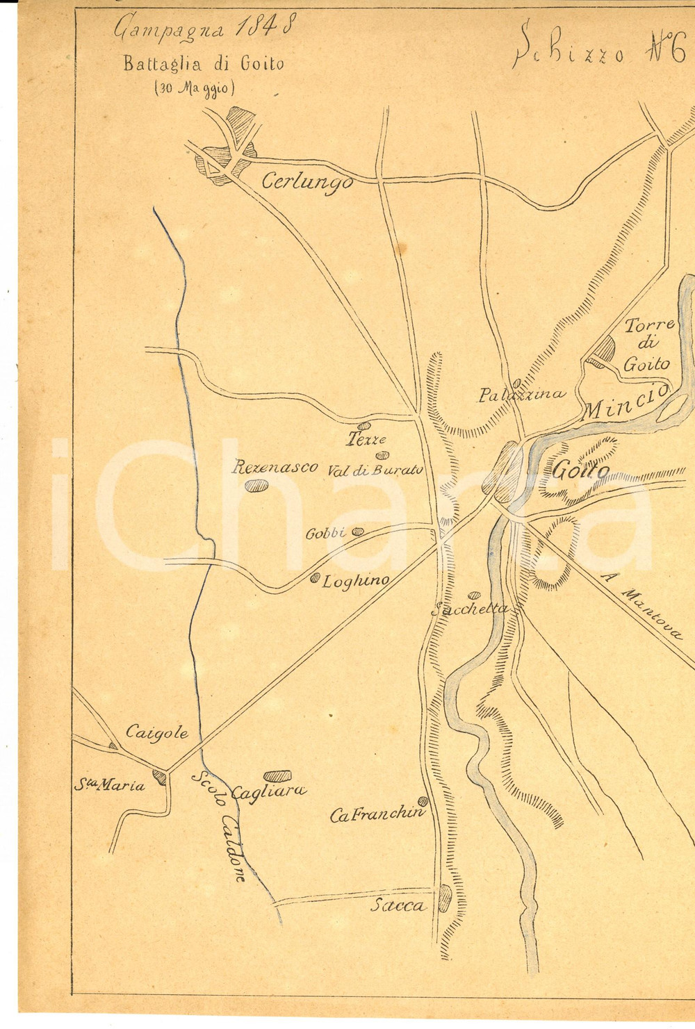 Mappa, planimetria storica 1930 ca ARTE MILITARE Campagna 1848  Battaglia di Goito Mappa 20x30 cm 1