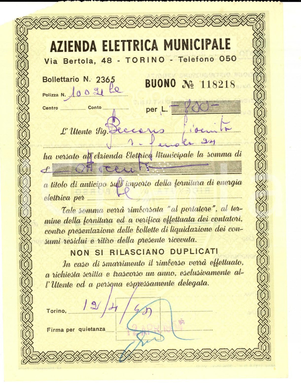 Documento originale, autentico 1954 TORINO Azienda Elettrica Municipale  Buono anticipo fornitura elettricitÃ  1