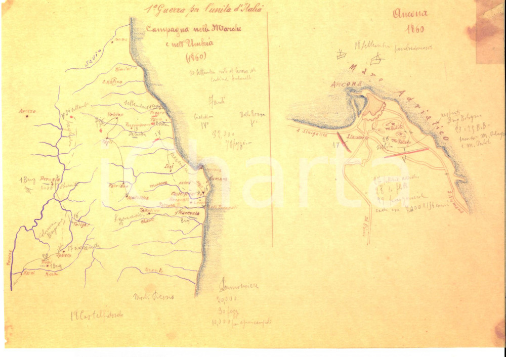 Mappa, planimetria storica 1930 ca ARTE MILITARE Campagna nelle Marche del 1860 Mappa DISEGNATA A MANO 1