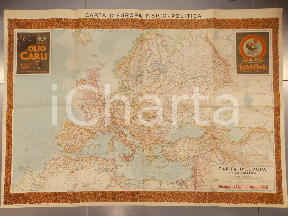 Materiale pubblicitario d’epoca 1940 ca EUROPA Carta fisicopolitica Pubblicitaria OLIO CARLI ONEGLIA 70x100 1