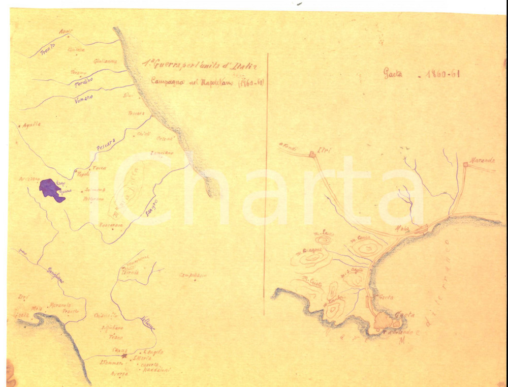 Mappa, planimetria storica 1930 ca ARTE MILITARE Campagna nel Napoletano del 1860 Mappa DISEGNATA A MANO 1