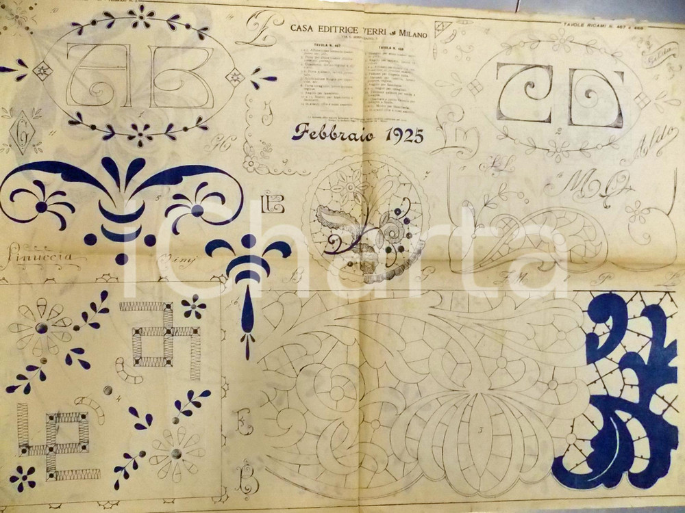 Giornale, rivista storica Febbraio 1925 RICAMO Cartamodello lettere e intaglio Ed. VERRI 70x50 cm 1