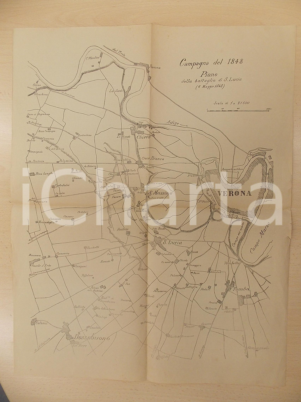 Mappa, planimetria storica 1930 ca ARTE MILITARE Piano della battaglia di S. LUCIA 1848 Mappa 43x32 1