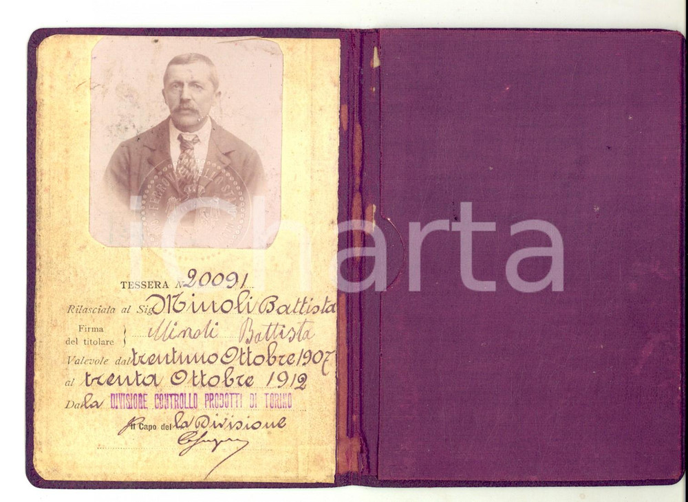 Oggetto da collezione cartaceo 1912 TORINO FERROVIE DELLO STATO Tessera Battista MINOLI INCOMPLETA ? 1