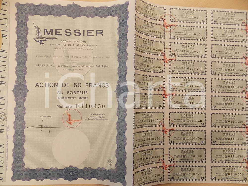 Oggetto da collezione cartaceo 1966 PARIS Action au porteur MESSIER Société Anonyme 2 1