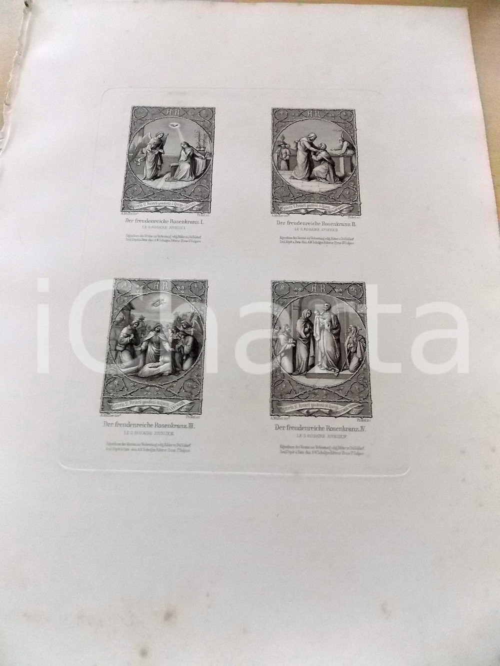 Stampa, bozzetto originale 1880 ca ARTE SACRA Die freudenreiche Rosenkranz Stampa inc. PICKEL 28x37 cm 1