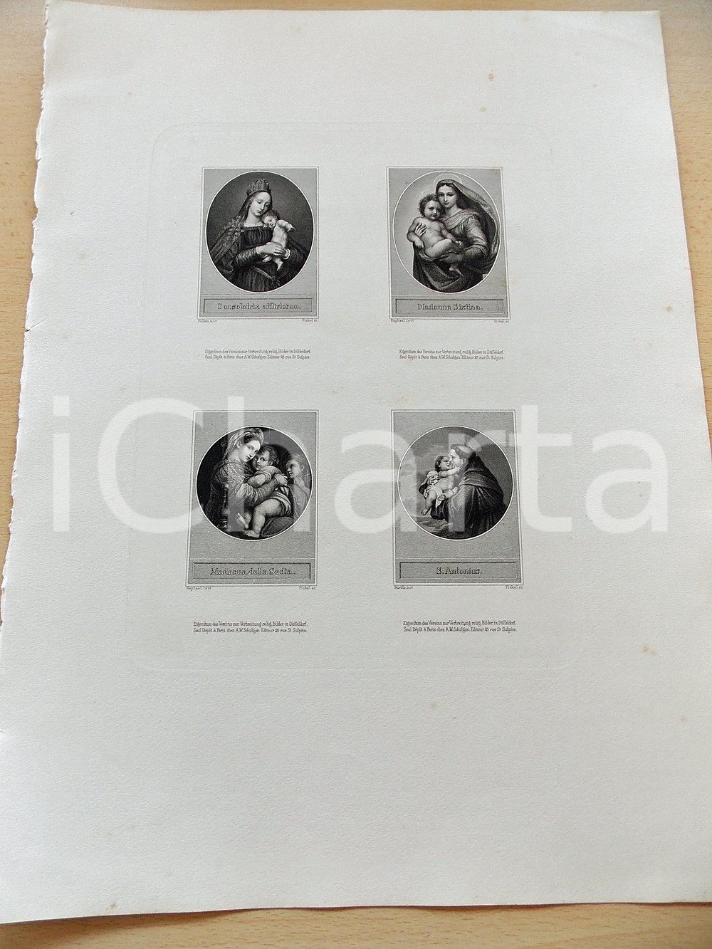 Stampa, bozzetto originale 1880 ca ARTE SACRA Madonna della Sedia  S. Antonius Stampa PICKEL 28x37 1