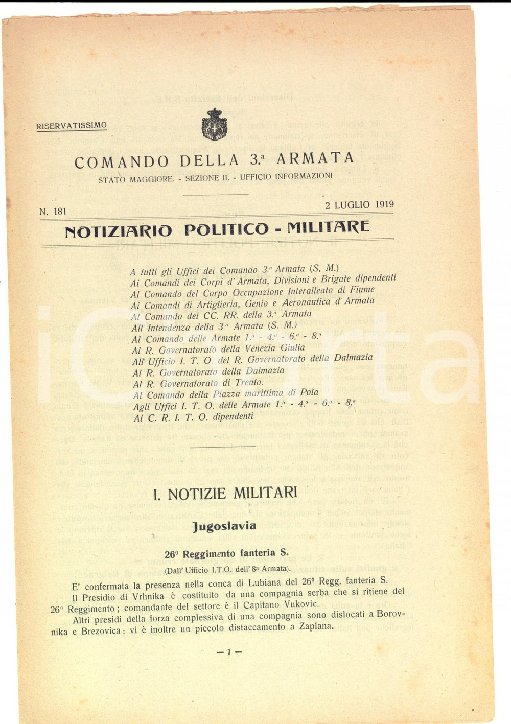 Documento originale, autentico 1919 COMANDO 3 ARMATA Previsioni della Croazia sulla politica italiana nÂ° 181 1