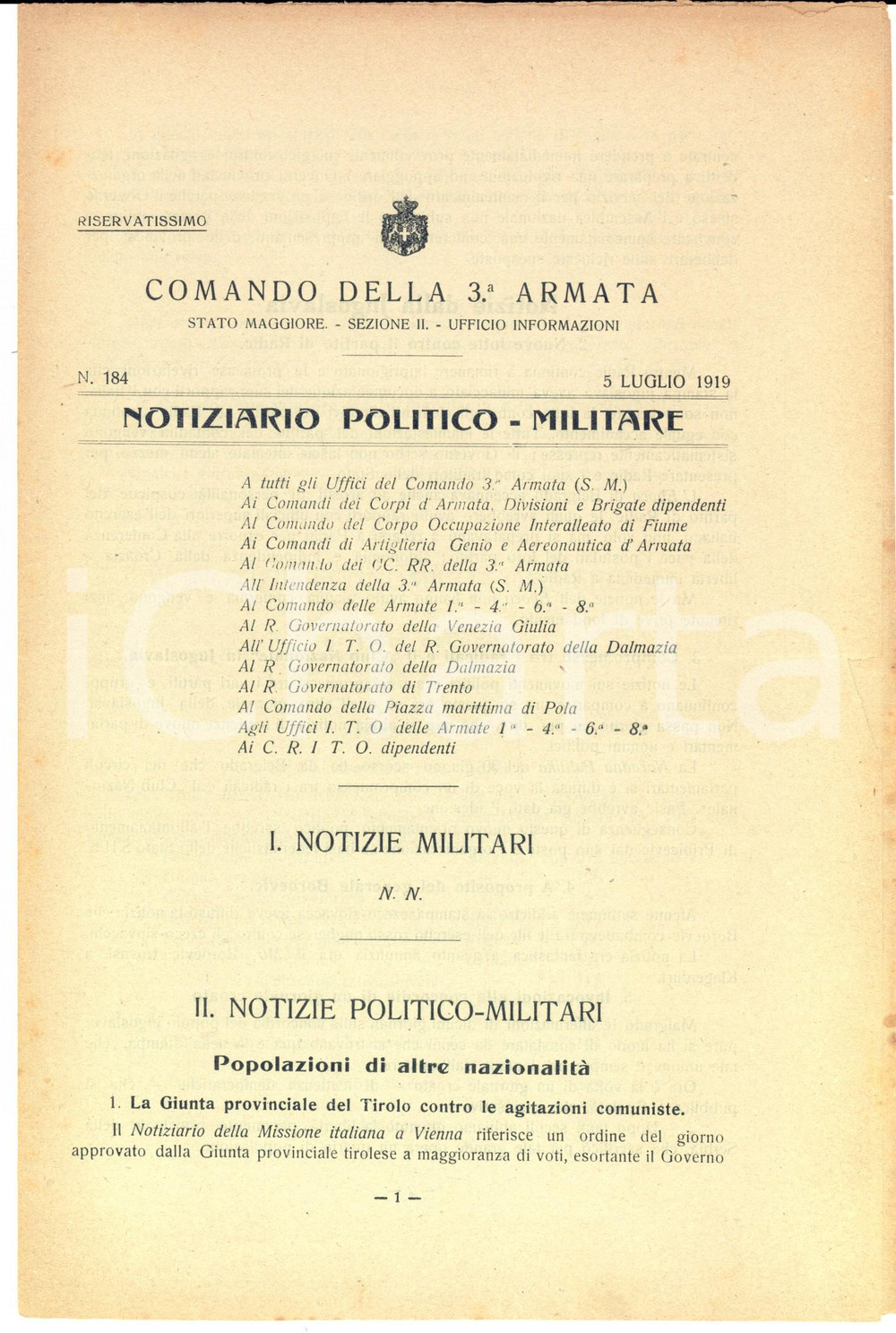 Documento originale, autentico 1919 COMANDO 3 ARMATA Giunta del Tirolo contro le agitazioni comuniste nÂ°184 1