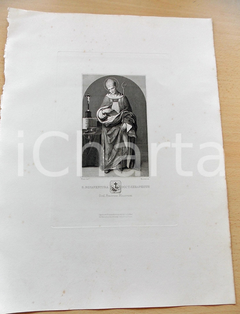 Stampa, bozzetto originale 1880 ca ARTE SACRA S. Bonaventura doct. seraphicus Stampa inc. MASSAU 28x37 1