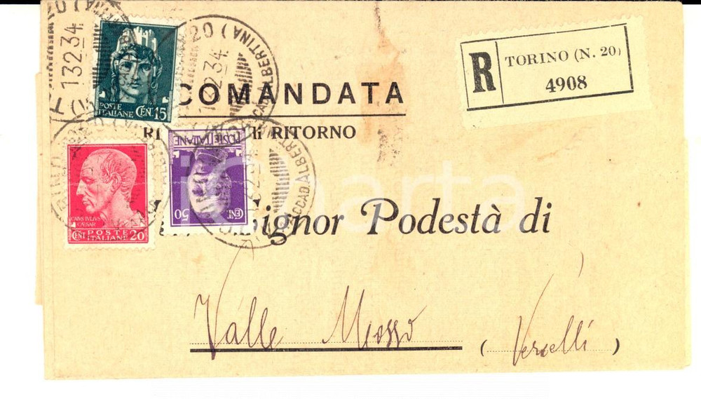 Cartolina originale da collezione 1934 STORIA POSTALE TORINO Piego raccomandata cent. 152050 Tre colori 1