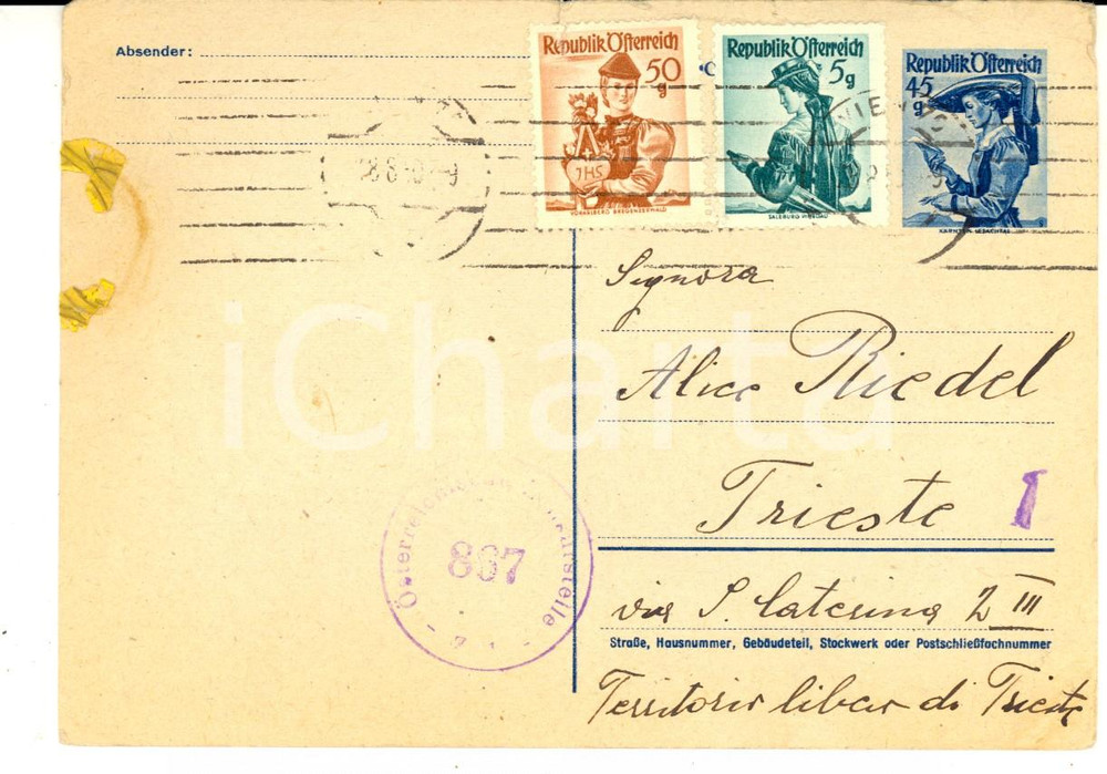 Cartolina originale da collezione 1950 STORIA POSTALE VIENNA Cartolina 50 5  45 g per Territorio Libero Trieste 1