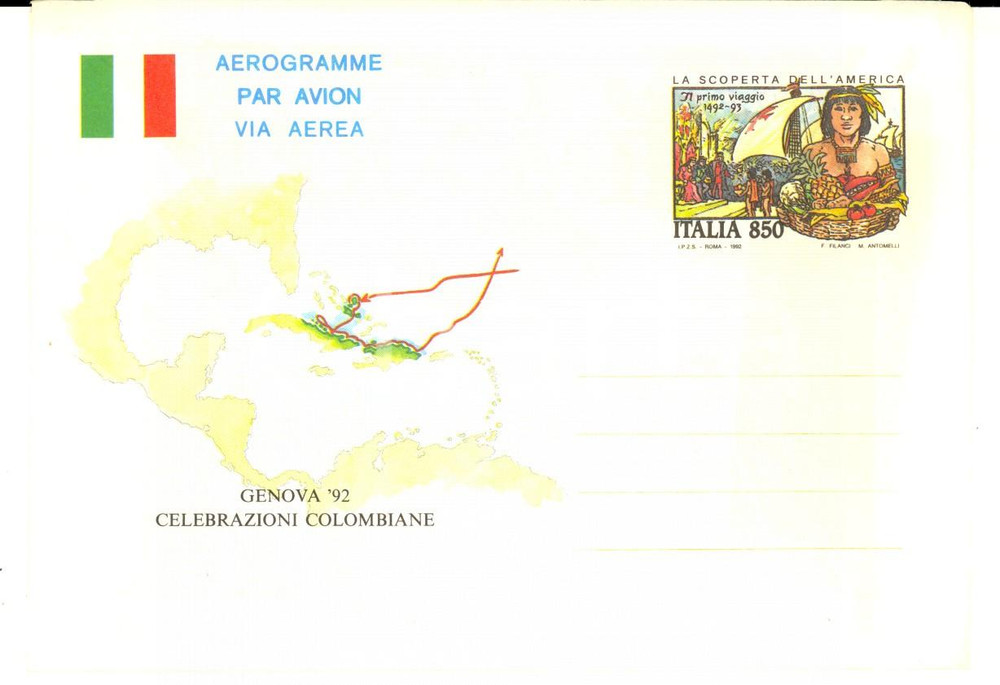 Materiale pubblicitario d’epoca 1992 STORIA POSTALE Busta CELEBRAZIONI COLOMBIANE via aerea /aerogramme 1