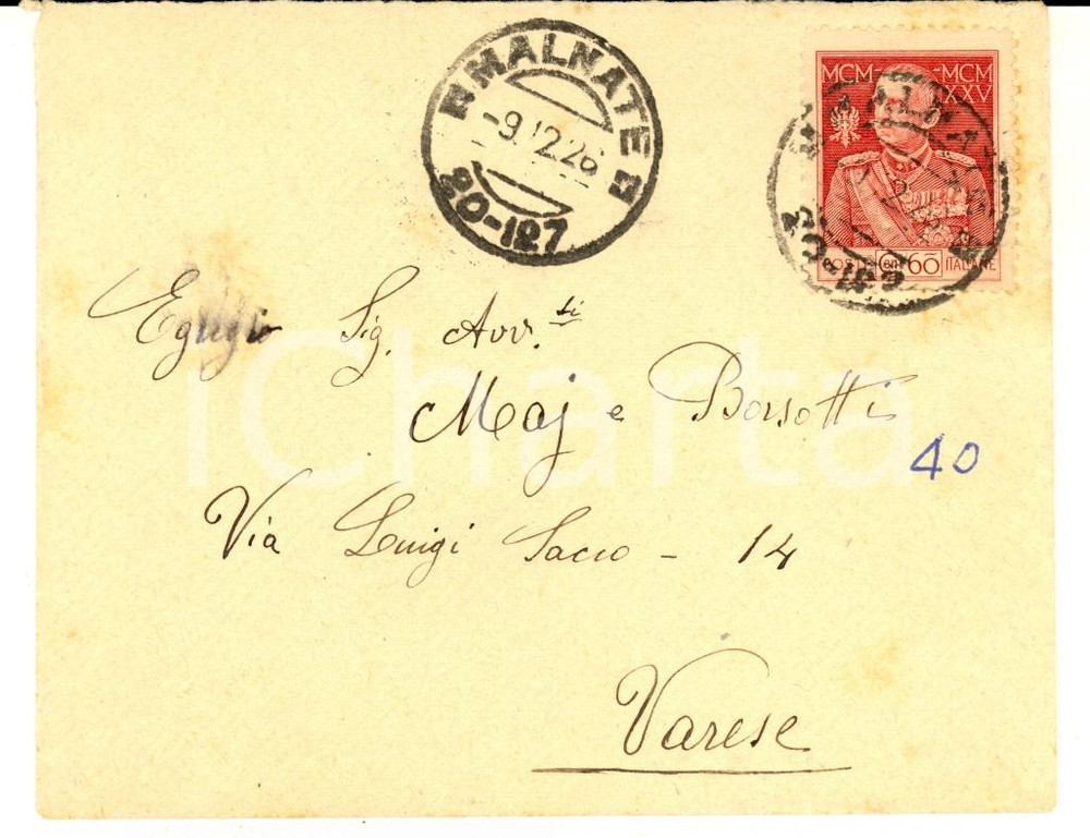 Materiale pubblicitario d’epoca 1926 STORIA POSTALE REGNO Busta MALNATE per VARESE 60 cent. GIUBILEO DEL RE 1