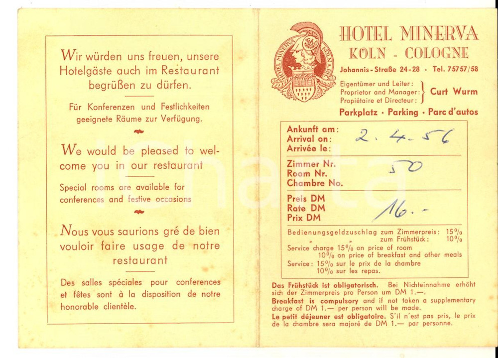 Materiale pubblicitario d’epoca 1956 KOLN / COLONIA Hotel MINERVA Biglietto pubblicitario per gli ospiti 1