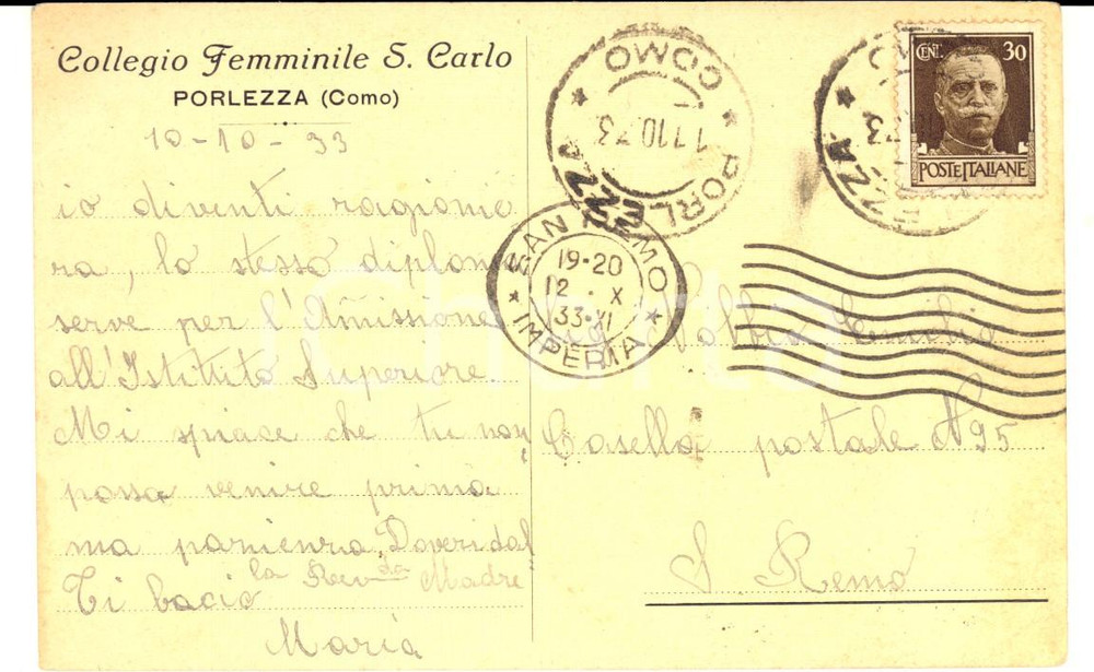 Cartolina originale da collezione 1933 PORLEZZA CO Collegio Femminile S. CARLO  Cartolina da un allieva FP VG 1