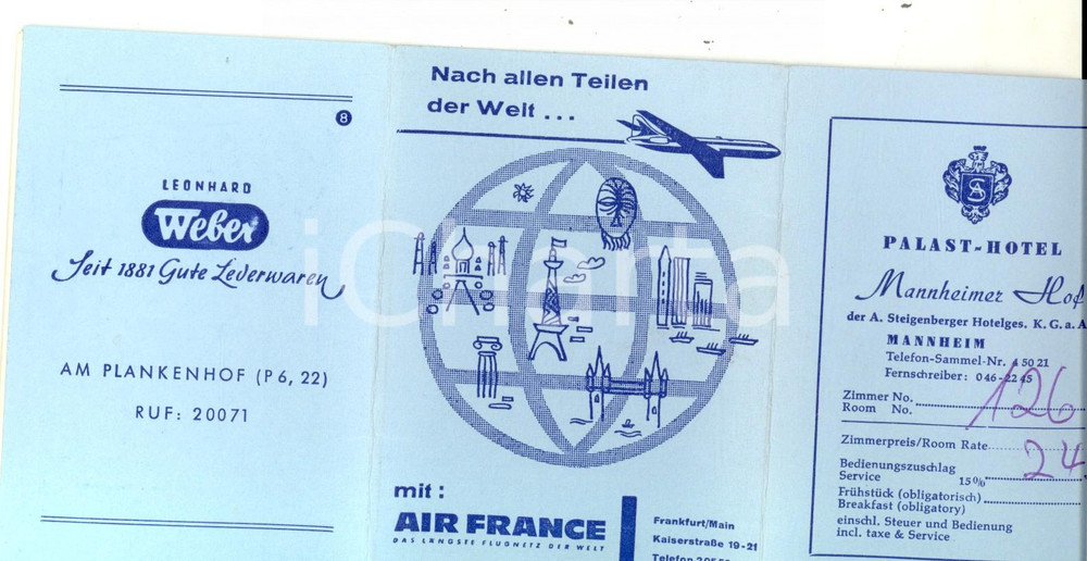 Materiale pubblicitario d’epoca 1955 ca MANNHEIM Palast Hotel MANNHEIMER HOF Libretto pubblicitario VINTAGE 1