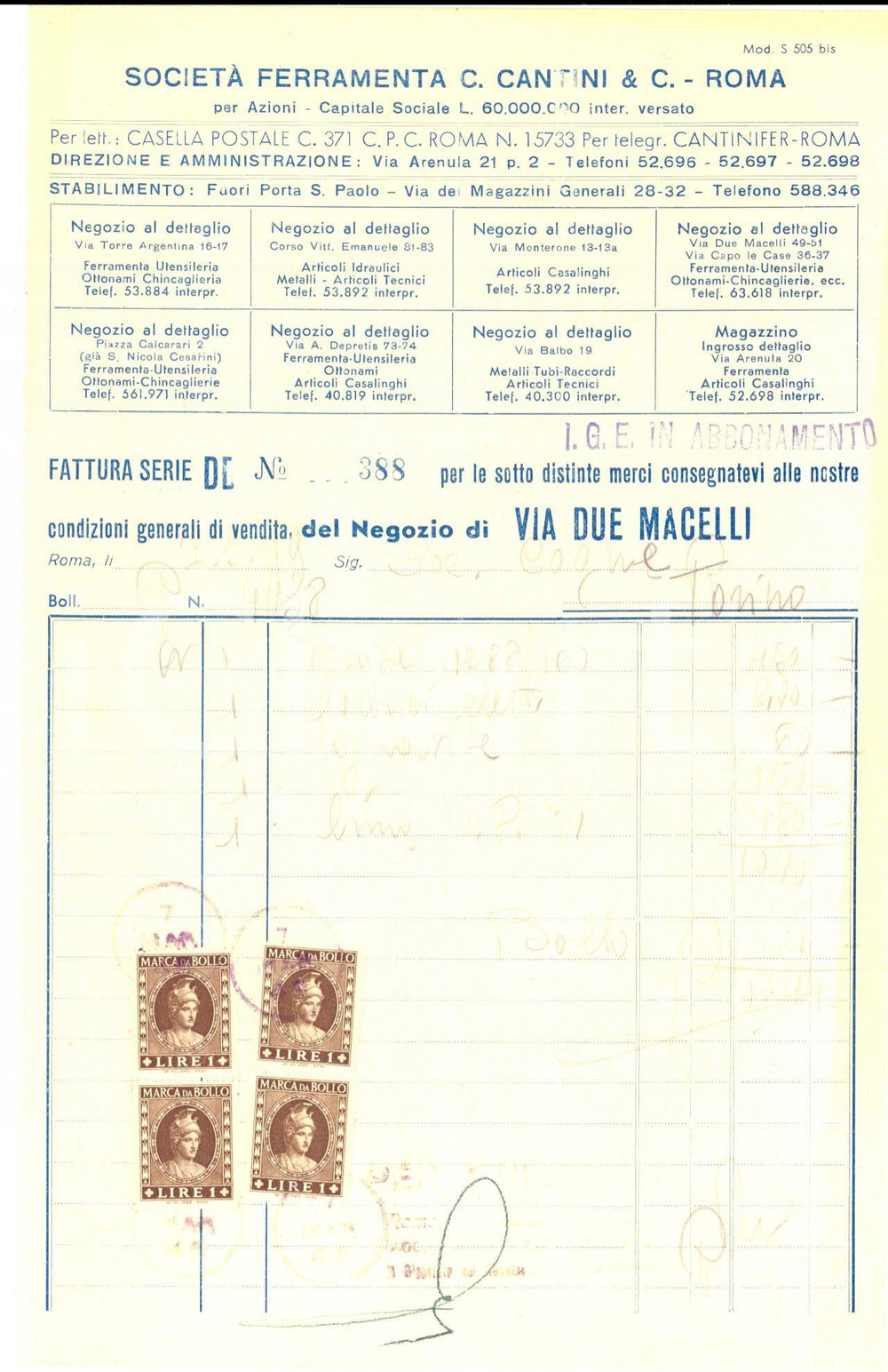 Documento originale, autentico 1945 ROMA SocietÃ  Ferramenta C. CANTINI  Fattura intestata con bolli 1