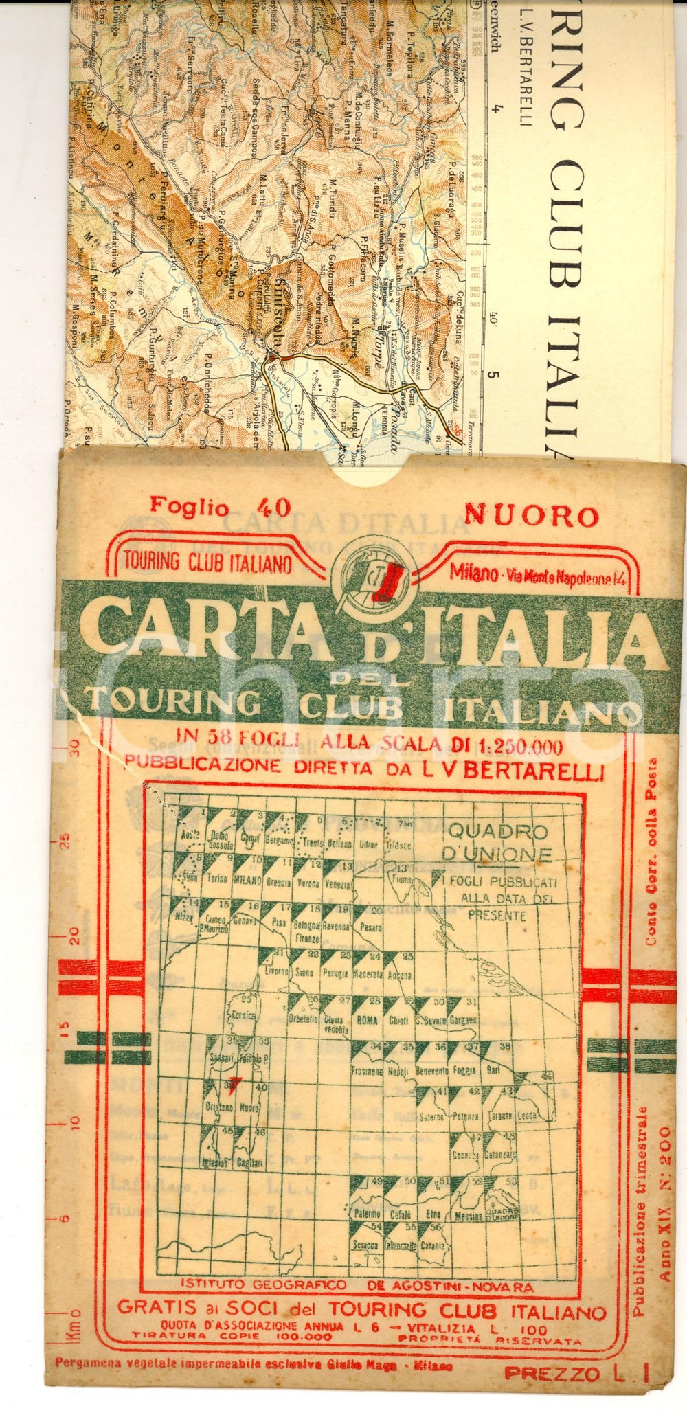 Mappa, planimetria storica 1913 TOURING CLUB ITALIANO Carta d Italia  NUORO Foglio n° 40 40x50 cm 1