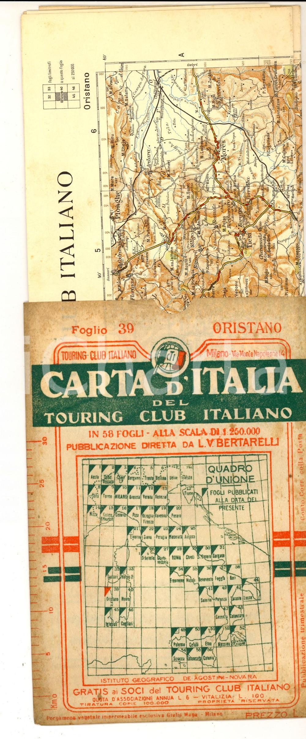 Mappa, planimetria storica 1912 TOURING CLUB ITALIANO Carta d Italia  ORISTANO Foglio n° 39 40x50 cm 1