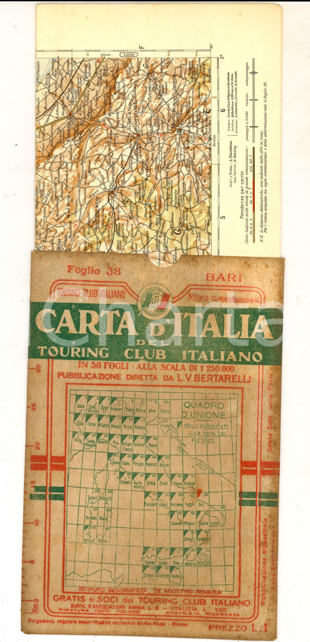 1912 TOURING CLUB ITALIANO Carta d'Italia - BARI Foglio n° 38 40x50 cm
