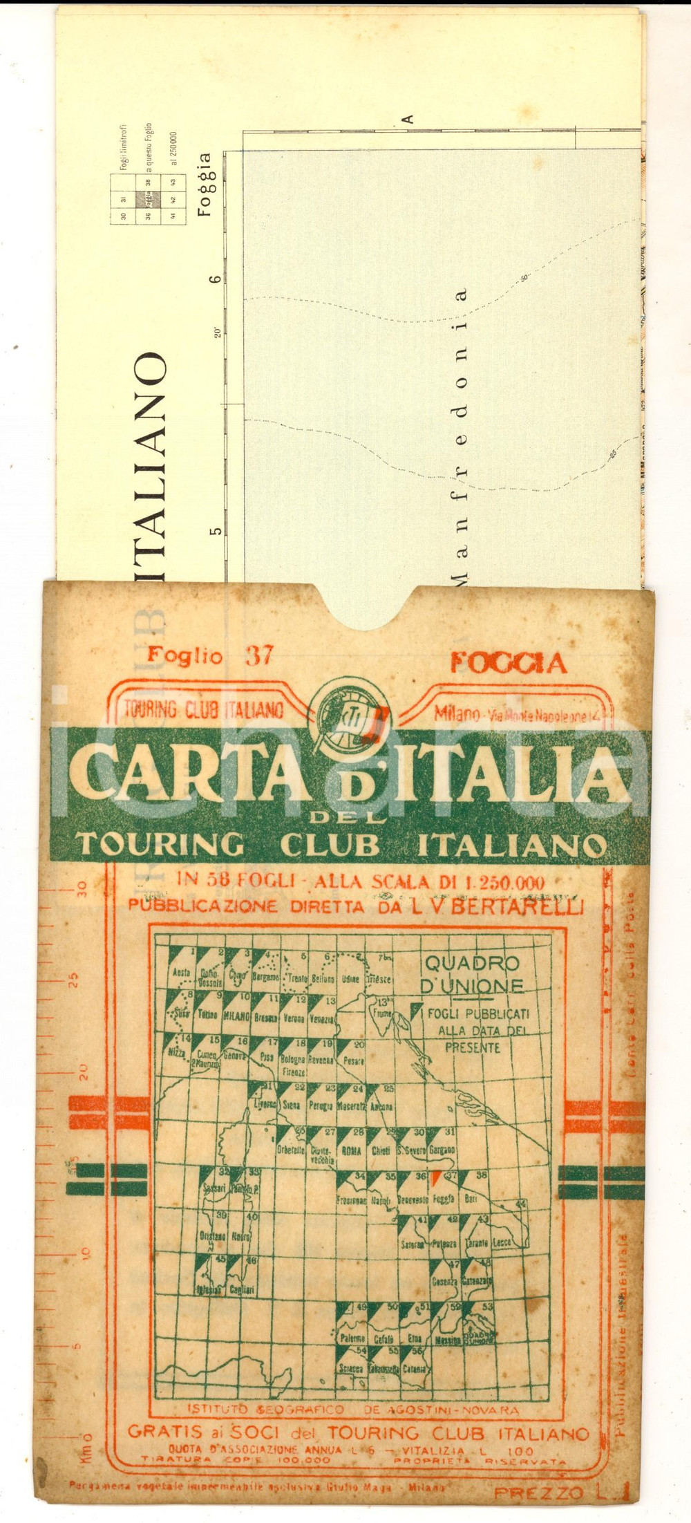 Mappa, planimetria storica 1912 TOURING CLUB ITALIANO Carta d Italia  FOGGIA Foglio nÂ° 37 40x50 cm 1