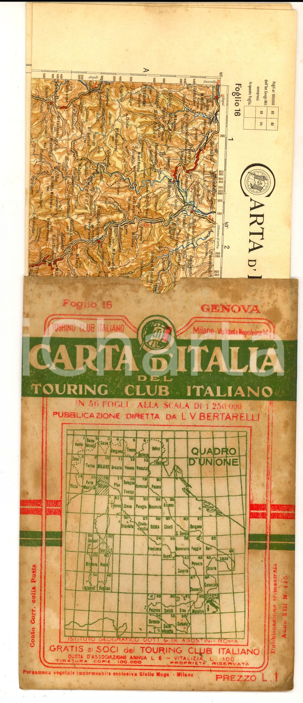 1906 TOURING CLUB ITALIANO Carta d'Italia - GENOVA Foglio n° 16 40x50 cm