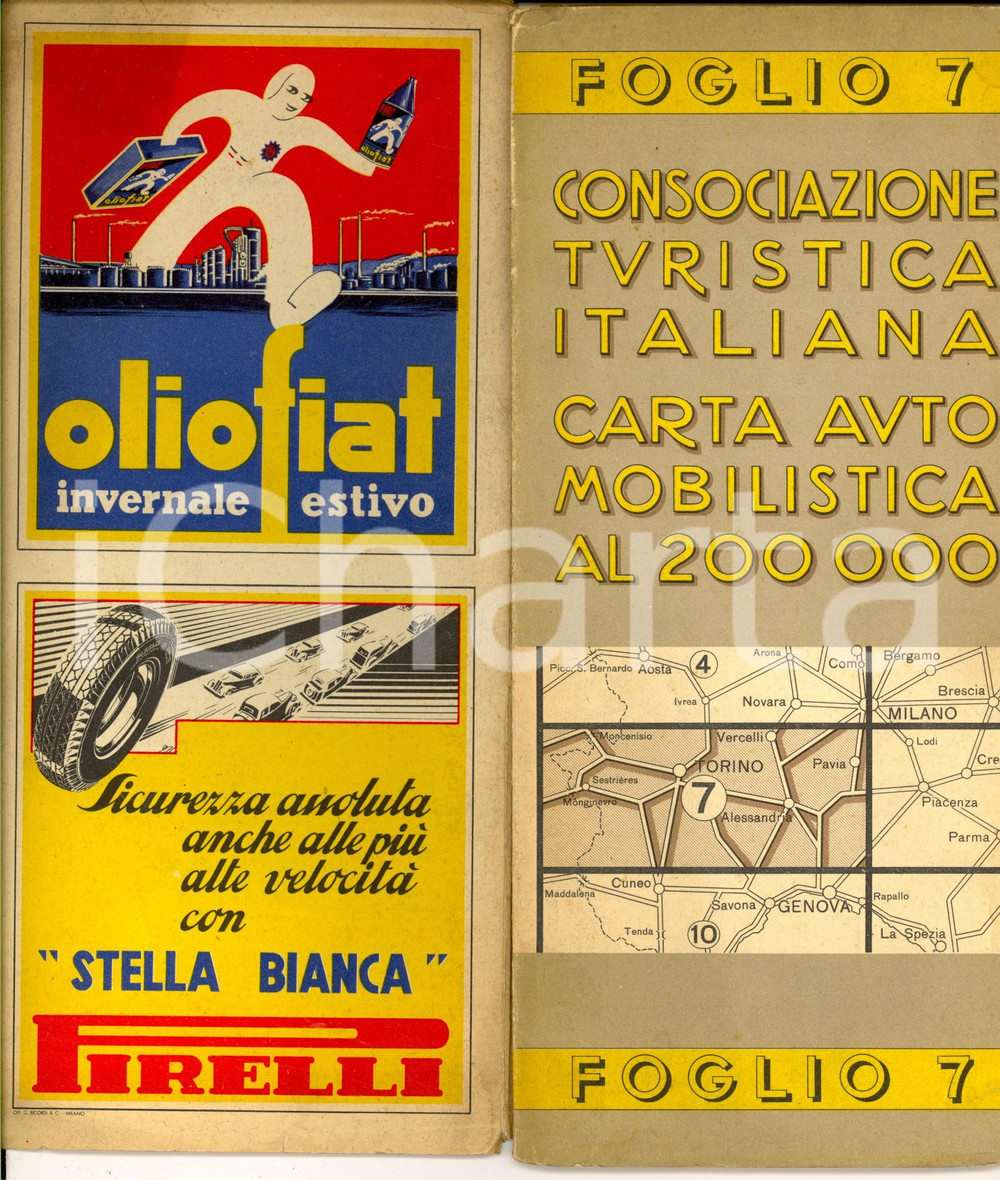 Mappa, planimetria storica 1940 ca CONSOCIAZIONE TURISTICA ITALIANA Carta automobilistica Foglio TORINO 1