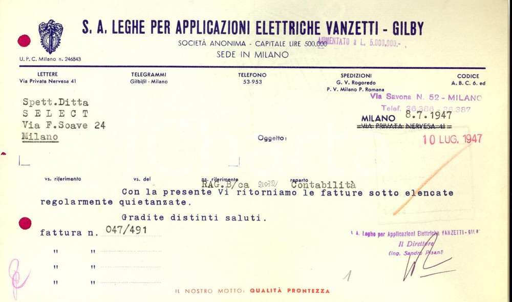 Documento originale, autentico 1947 MILANO S. A. Leghe per Applicazioni Elettriche VANZETTI  GILBY Lettera 1