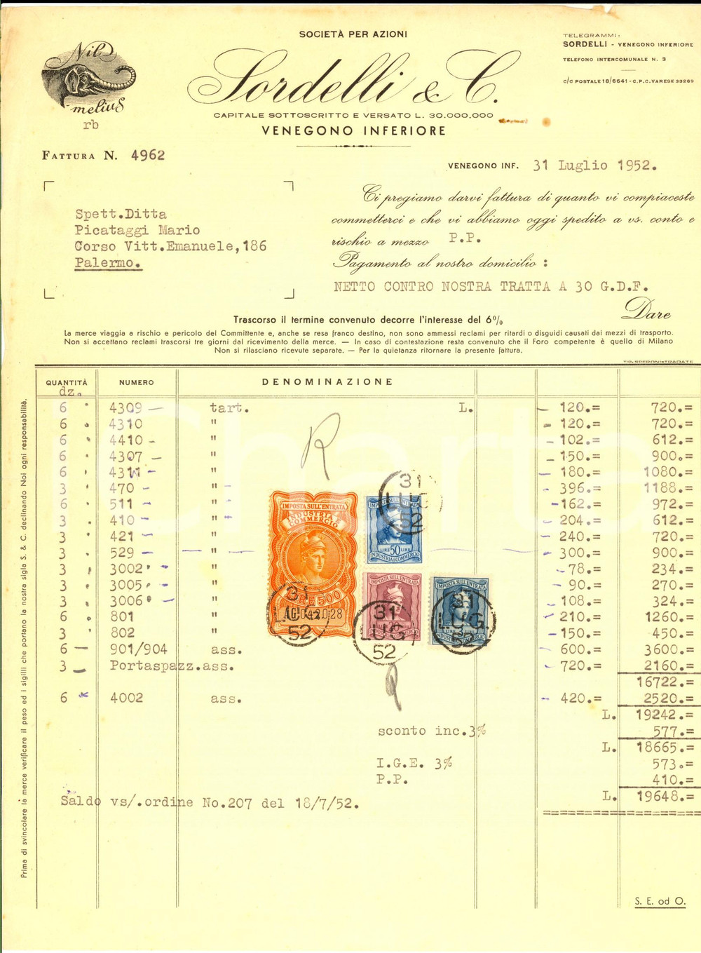Documento originale, autentico 1952 VENEGONO INFERIORE VA Società SORDELLI & C. Fattura intestata 1