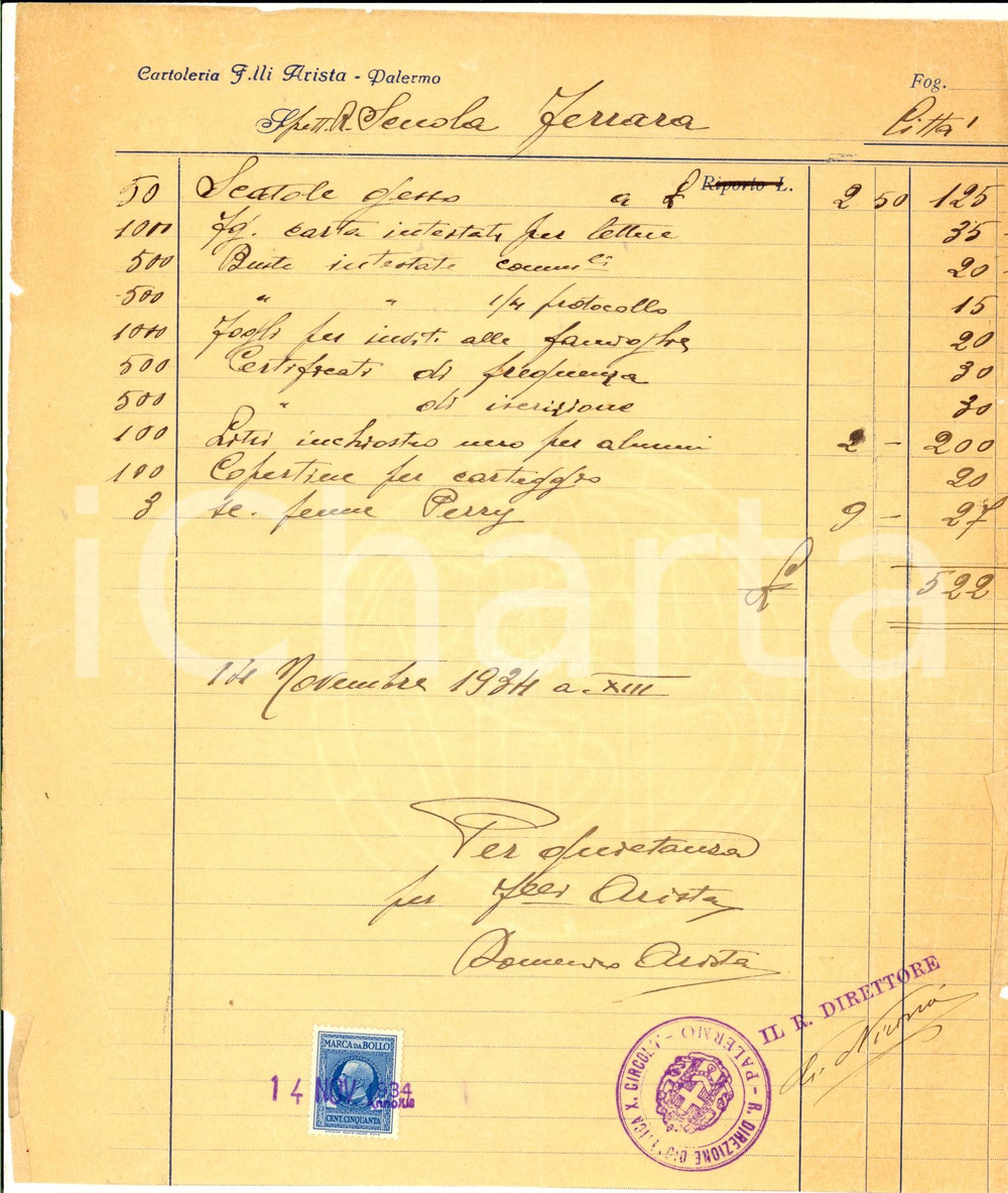 Manoscritto, lettera originale 1934 PALERMO Cartoleria F.LLI ARISTA  Conto manoscritto con bollo 1