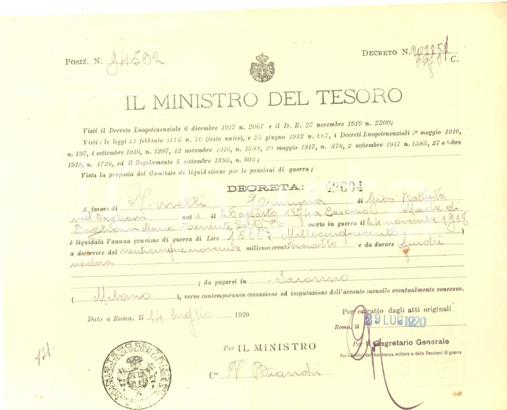 1920 MINISTERO DEL TESORO ROMA Pensione di guerra Erminia NOVELLI ved. BAGLIANI