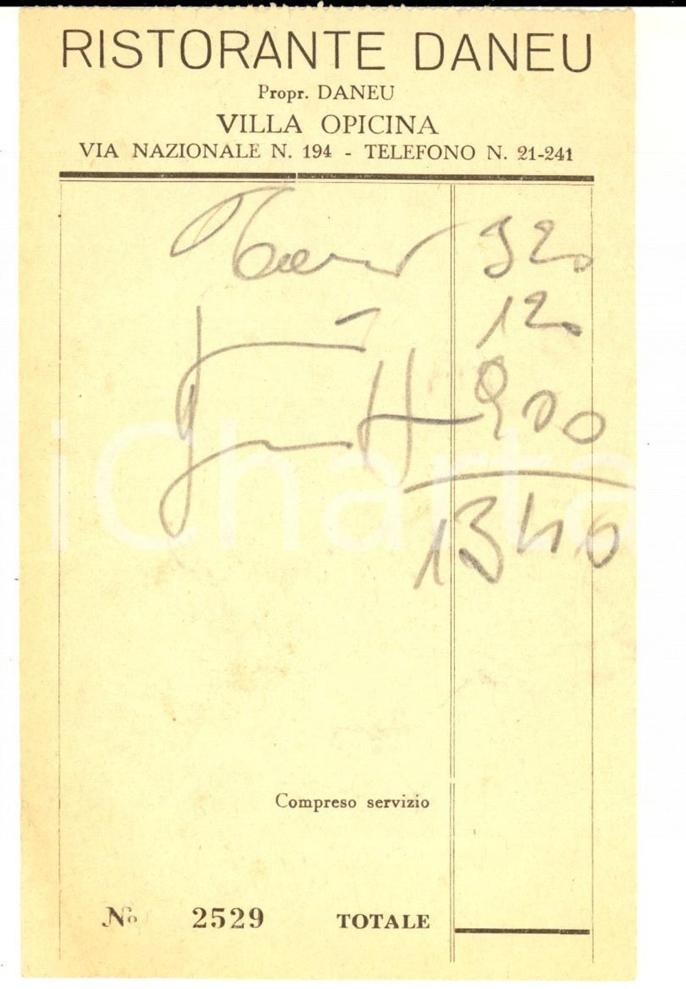 Documento originale, autentico 1950 ca TRIESTE VILLA OPICINA Ricevuta ristorante DANEU DANNEGGIATA 1
