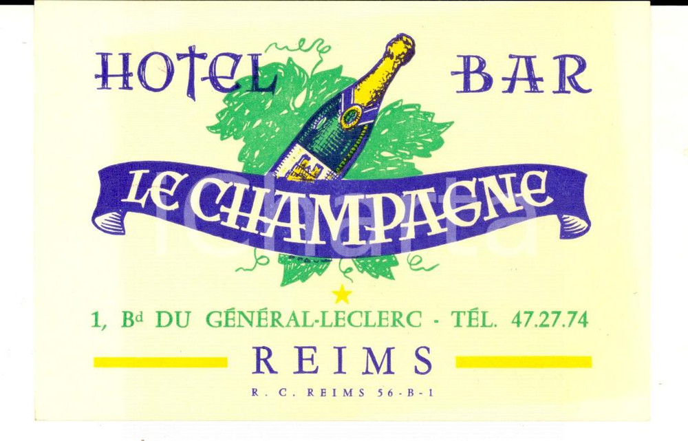Materiale pubblicitario d’epoca 1960 ca REIMS Hotel bar LE CHAMPAGNE Cartoncino pubblicitario 12x9 1