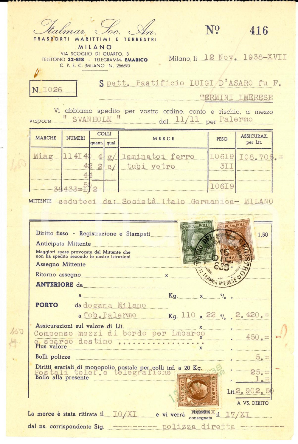 Documento originale, autentico 1938 MILANO ITALMAR Trasporti Marittimi  Fattura per  spedizione laminatoi 1