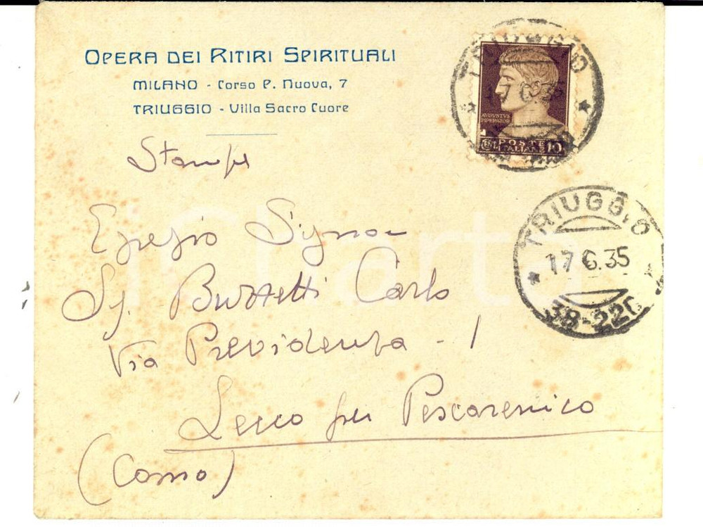 Materiale pubblicitario d’epoca 1935 STORIA POSTALE TRIUGGIO Opera dei Ritiri Spirituali Busta intestata 1