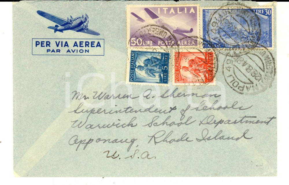Cartolina originale da collezione 1948 STORIA POSTALE Busta NAPOLI per USA POSTA AEREA L. 50 + 30 Risorgimento 1