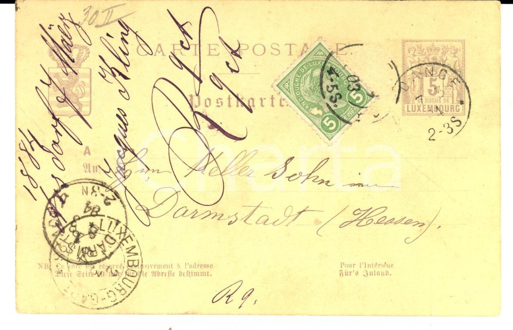 Cartolina originale da collezione 1884 LUXEMBOURG Carte postale commerciale Jacques KLINY VINTAGE 5 cent. 1