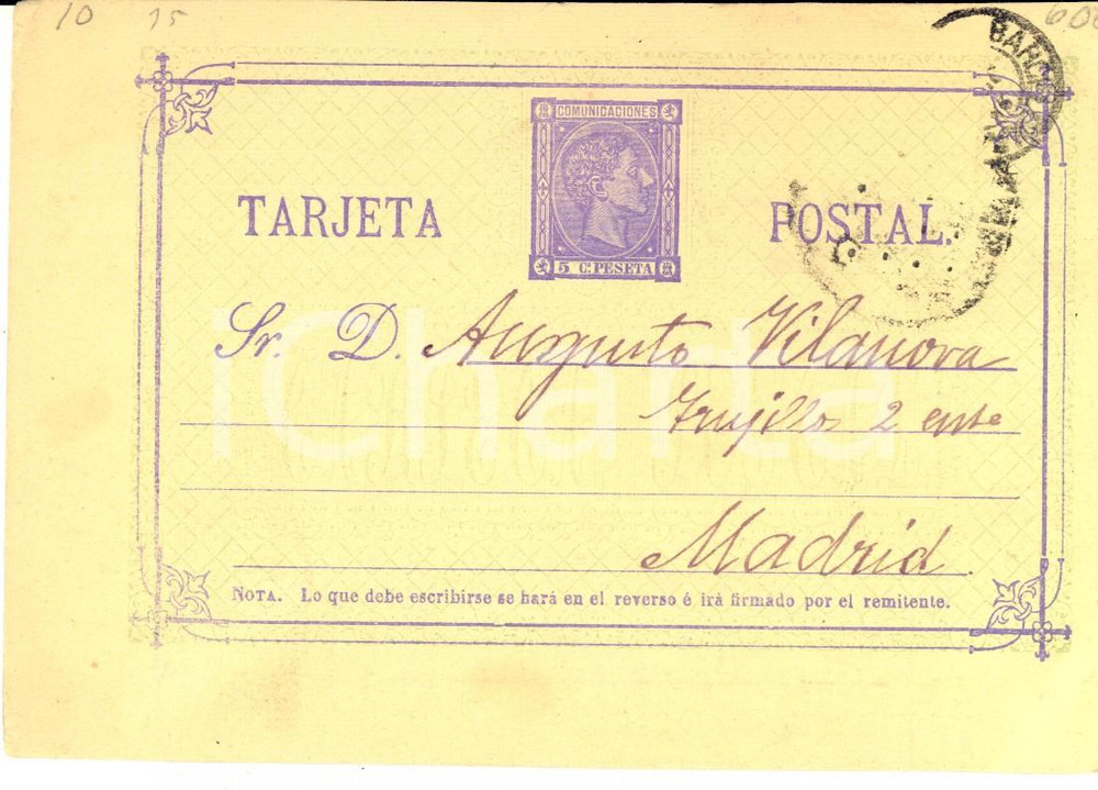 Cartolina originale da collezione 1877 BARCELONA Tarjeta postal por billetes  Augusto VILANOVA  MADRID 1