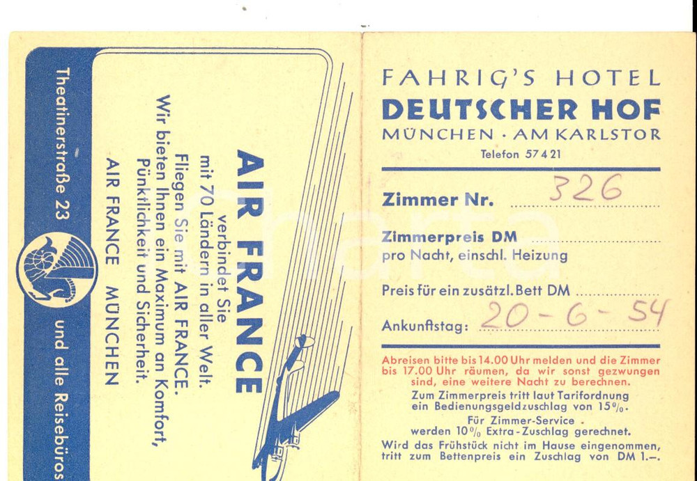 Materiale pubblicitario d’epoca 1954 MUNCHEN D Hotel DEUTSCHER HOF Biglietto pubblicitario AIR FRANCE 1